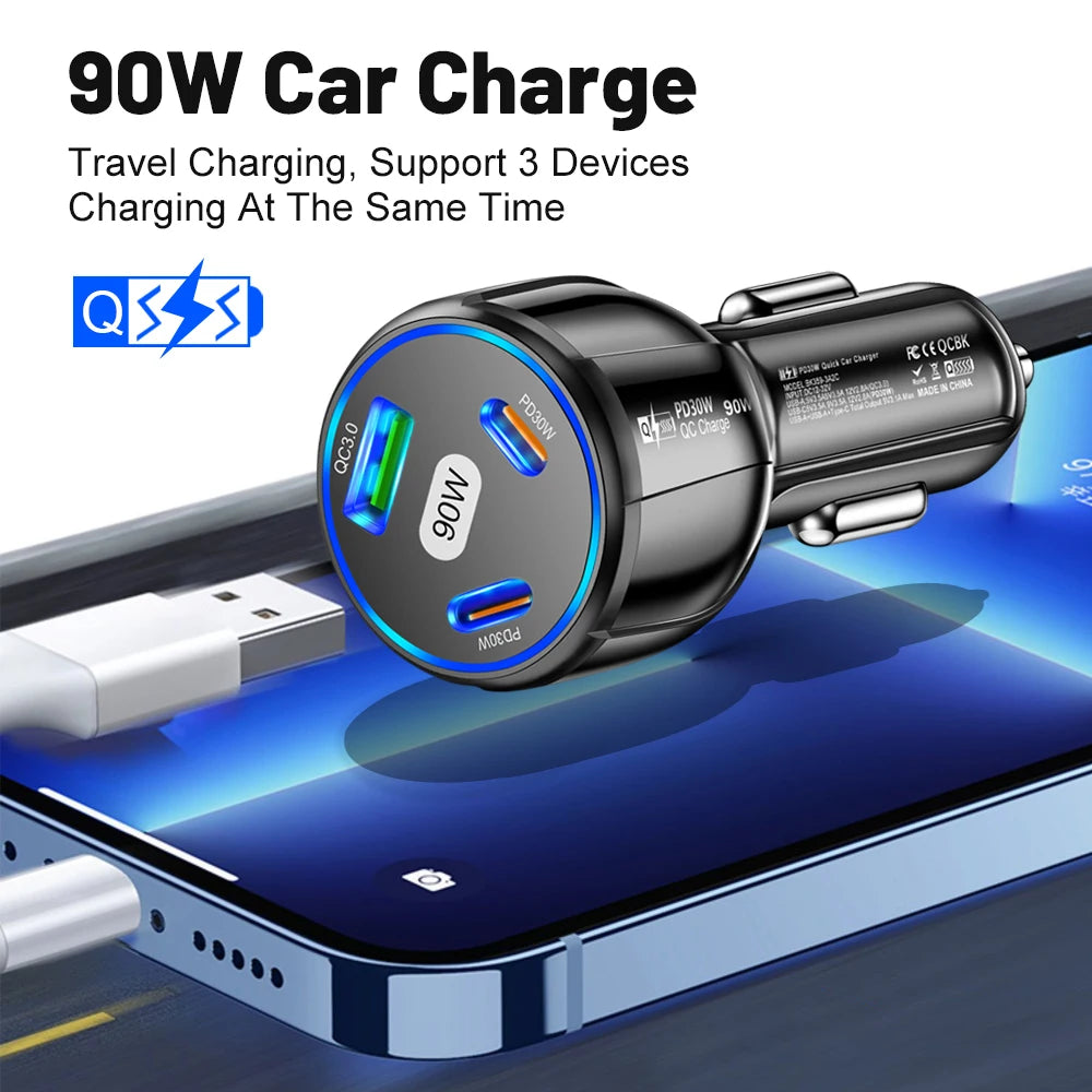 90W Car Charger USB C Charger 3 Ports Type C Fast Charging , Mobile Phone Charger In Car QC3.0 Quick Charge