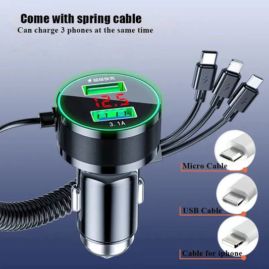 USB Car Charger  Fast Charge with Cable 3 in 1 MICROUSB ,TYPE C ,AND LIGHTNING CABLE